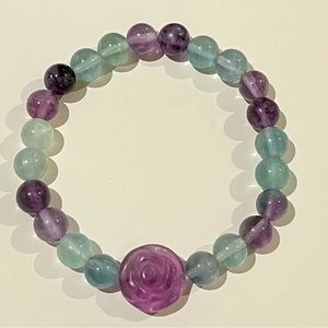 Fluorite Crystal Bead Bracelet with Fluorite Rose Charm. 8mm beads. NWOT